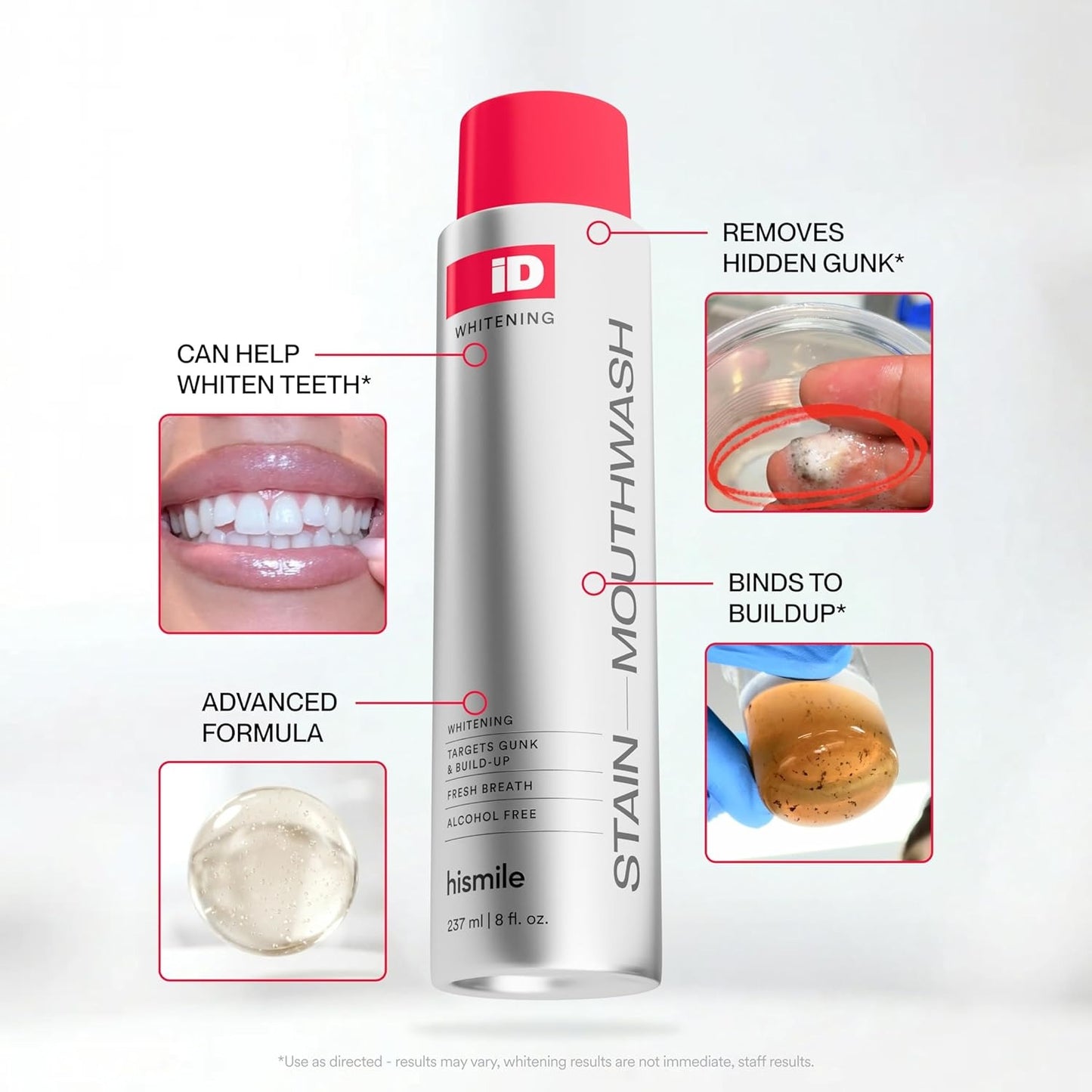 Hismile iD Stain Whitening Mouthwash, Gunk Removing Mouthwash for Fresh Breath, Hydrogen Peroxide Mouthwash to Promote Whiter Teeth, Peroxide Rinse with Essential Oils 237ml (Pack of 2)